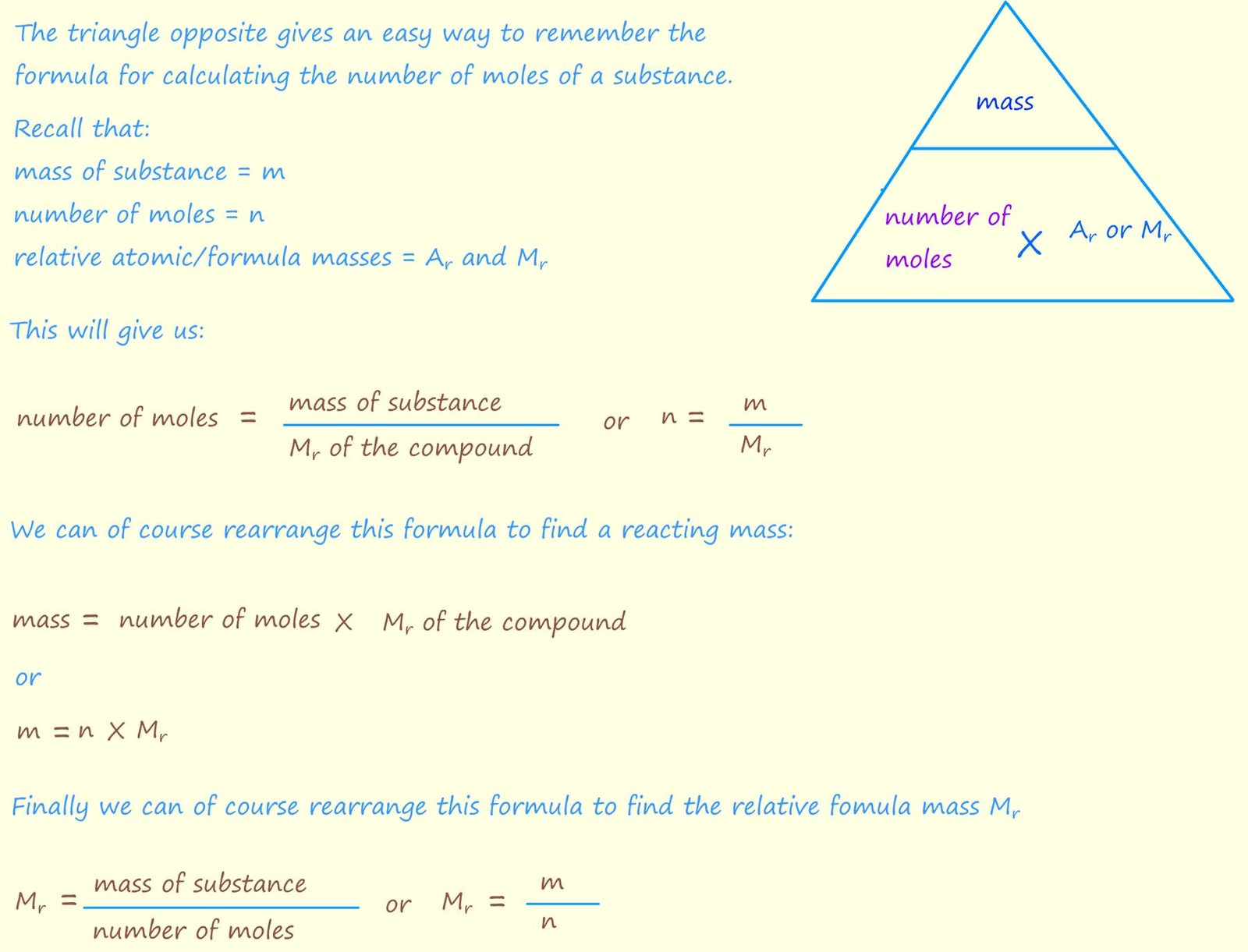 Formulae to calculate the number of moles, the mass of reactants or products in a chemical reaction or the relative formula mass of a reactant or product in a chemical reaction